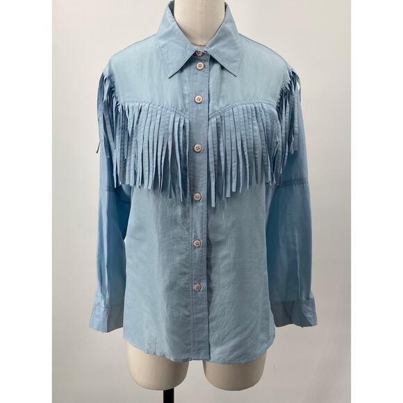 Vintage 90s Fringe Silk Button Down Shirt Blouse Western Light Blue Small Petite - Picture 2 of 7